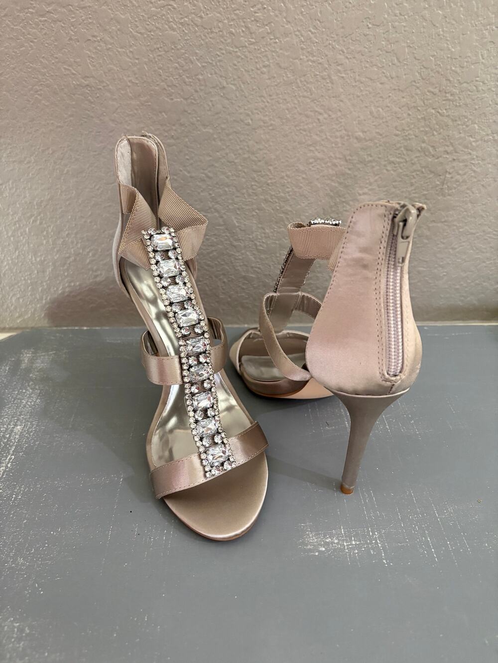 Audrey Brooke Women’s 6M Champagne Satin Rhinestone T-Strap Stiletto Heels